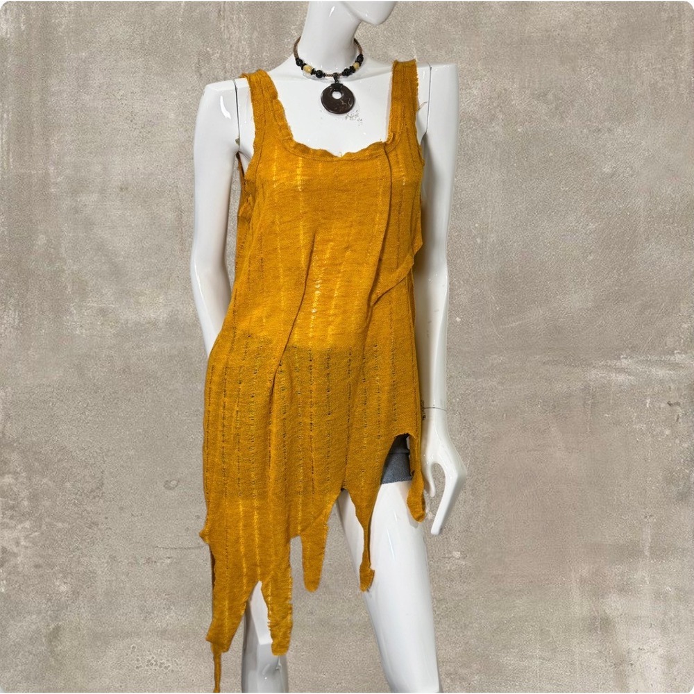 Distressed Knit Tank Dress Mustard‎ Orange Asymmetrical Raw Hem Grunge Fairy